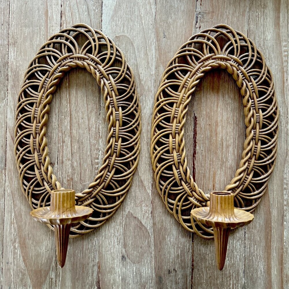 Vintage Burwood Brown Faux Rattan Wicker Wall Sconces Oval Retro 1970s 14”